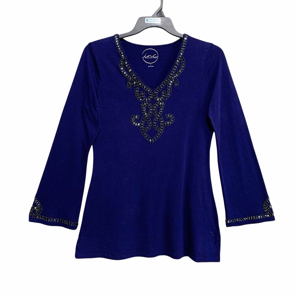 INC International Concepts Tunic Top Womens Size Large Navy Long Sleeve